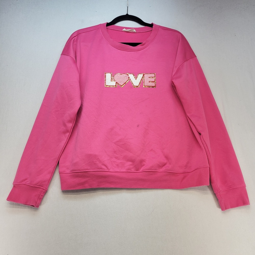 Doe and Rae Sweatshirt Womens Small Pink LOVE Patch Glitter Pullover Casual